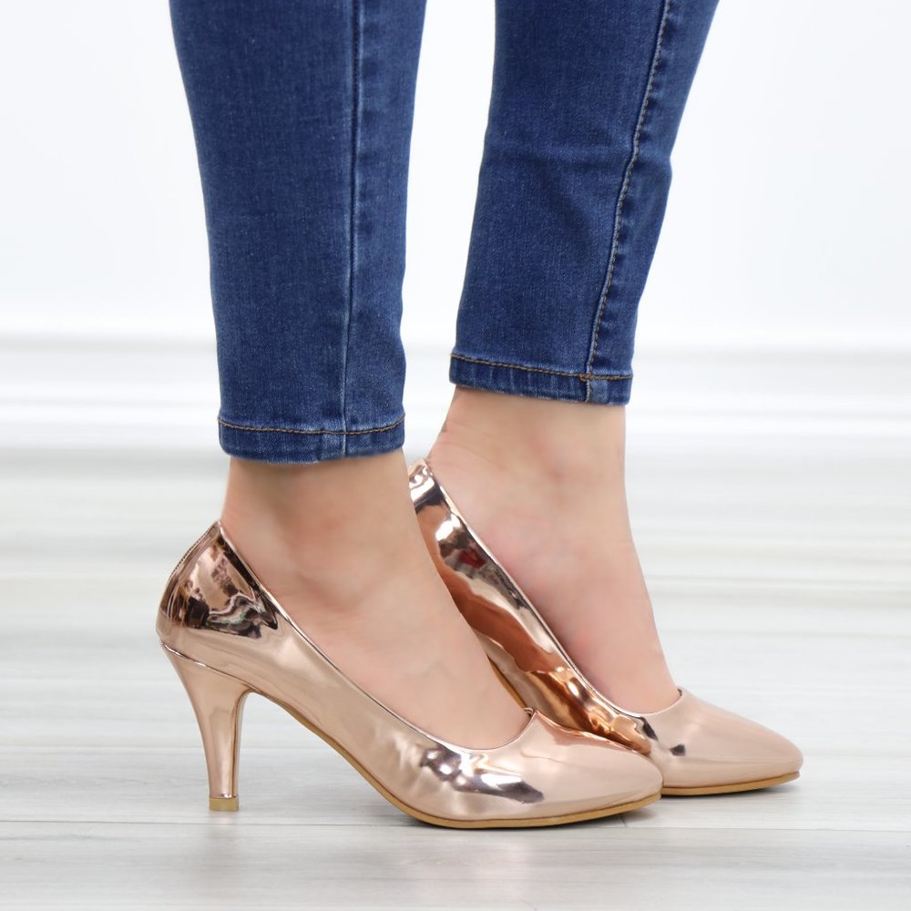 Rose Gold Paten Slip On Kitten Low Heel Pumps - Picture 6 of 12